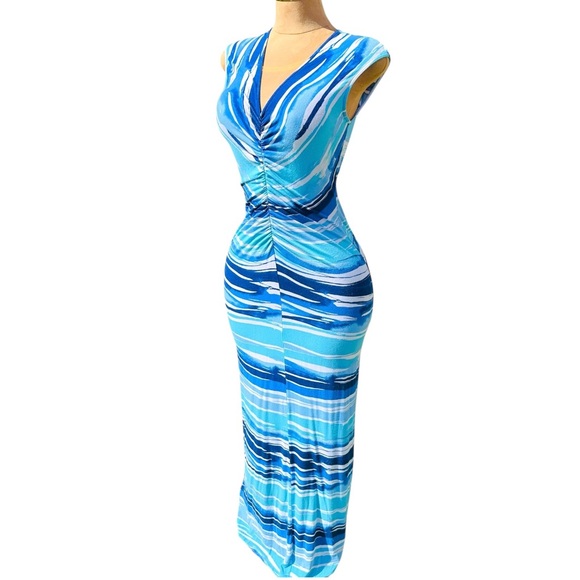 Tommy Bahama Blue Maxi Dress Size S Ruched Stretch Bodycon Beach‎ Travel Resort - Picture 1 of 14